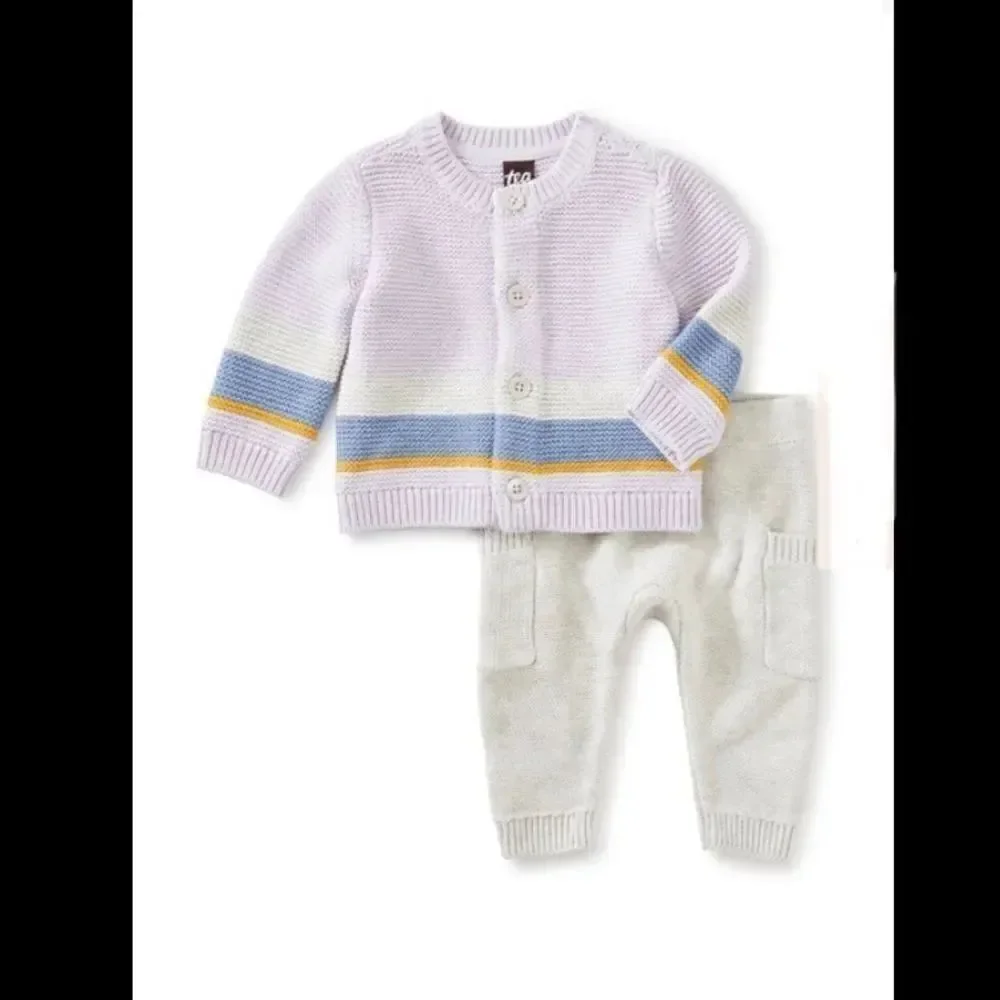 NWT New TEA COLLECTION Sweater Set Cardigan and Pants Lavender Gray 3 - 6 months